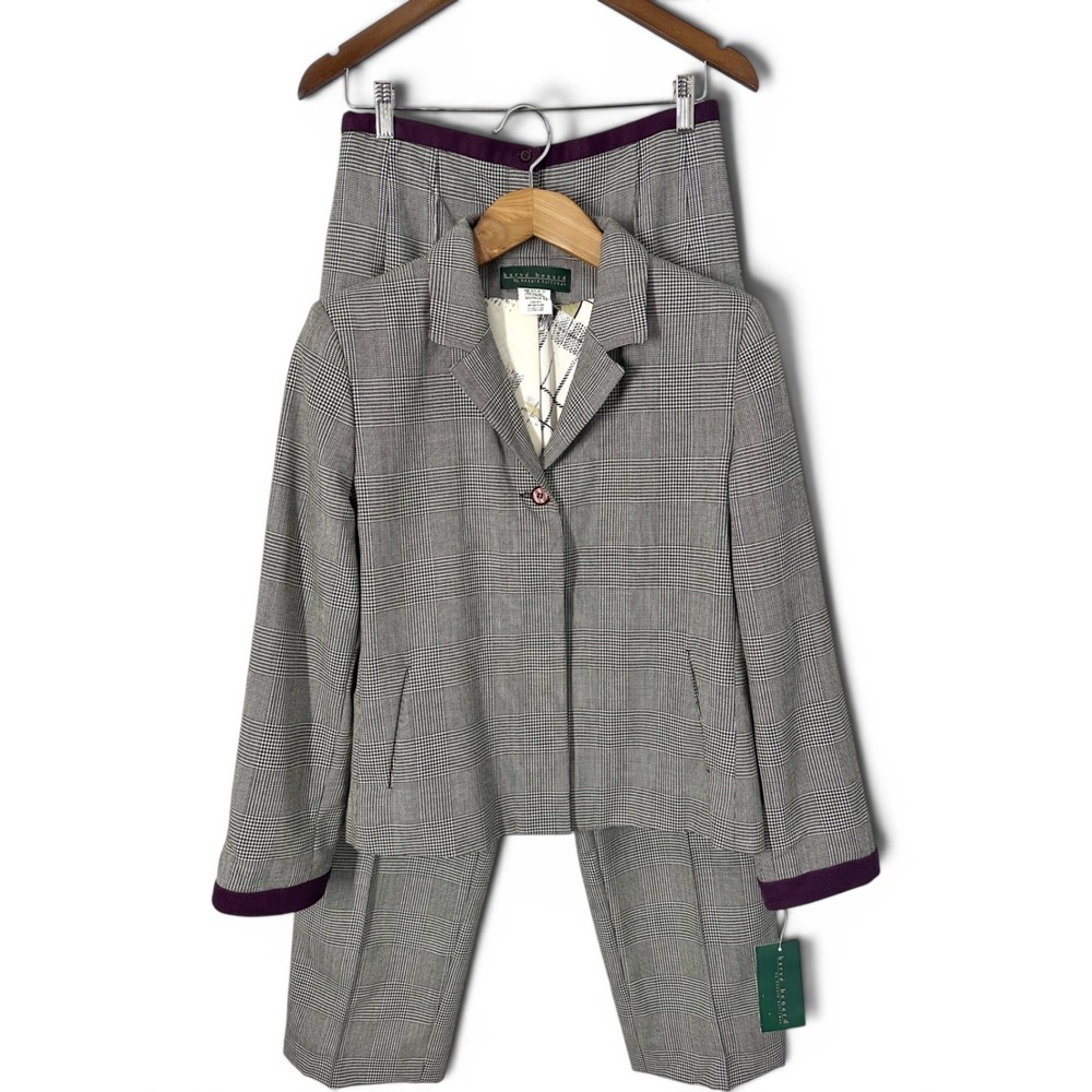 Harve Benard 100% Wool Purple Trim Plaid Grey Pant Jacket Suit Womens Size 10 12